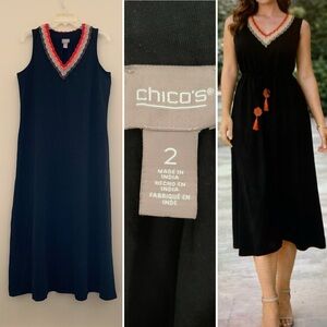 Chicos black cotton sleeveless  maxi dress with crochet trim around V neck 2-L